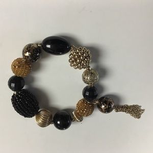 Chico’s Gold + Black Bead Tassel Stretch Bracelet